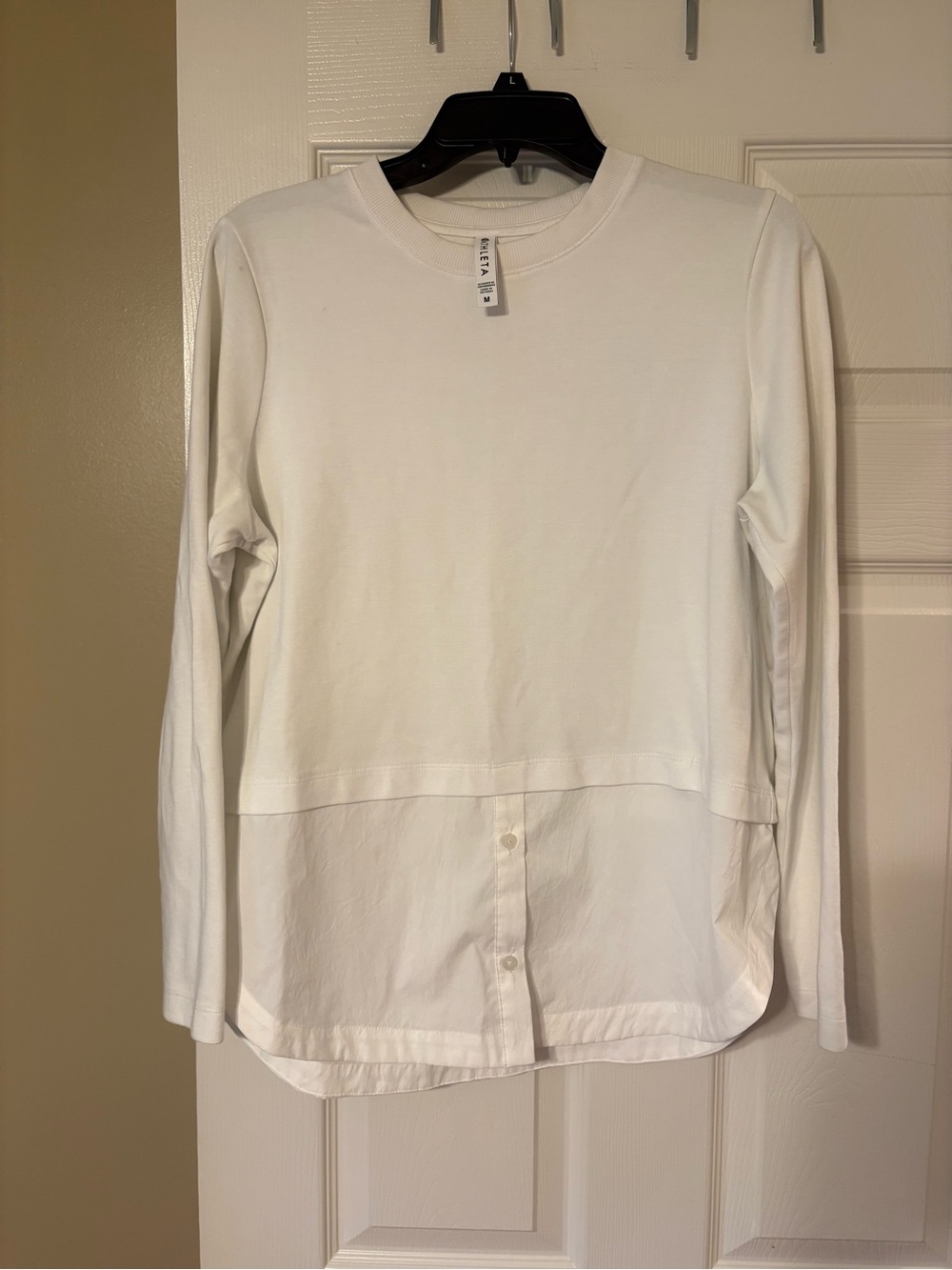 Athleta White Layered Top Long Sleeve Crew Neck Poplin Hem Athleisure